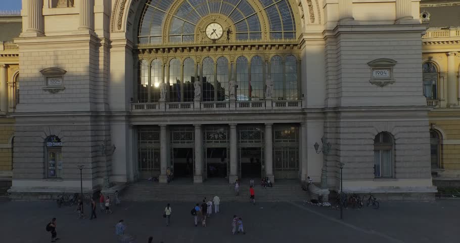 Aerial drone footage. Budapest Keleti Train Station. The main international and regional railway station in Budapest.  It is located on the Rákóczi Avenue. The railway station, built in 1884