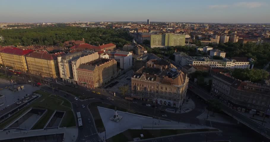 Aerial drone footage. Budapest Keleti Train Station. The main international and regional railway station in Budapest.  It is located on the Rákóczi Avenue. The railway station, built in 1884