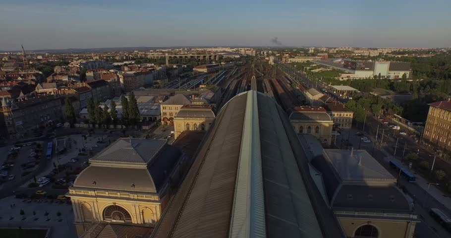 Aerial drone footage. Budapest Keleti Train Station. The main international and regional railway station in Budapest.  It is located on the Rákóczi Avenue. The railway station, built in 1884