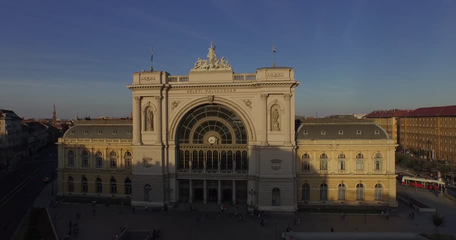 Aerial drone footage. Budapest Keleti Train Station. The main international and regional railway station in Budapest.  It is located on the Rákóczi Avenue. The railway station, built in 1884