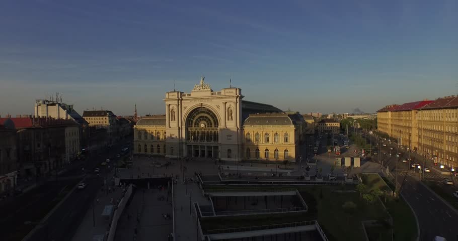 Aerial drone footage. Budapest Keleti Train Station. The main international and regional railway station in Budapest.  It is located on the Rákóczi Avenue. The railway station, built in 1884