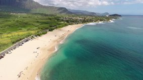 HD aerial fly by of the original surfing beach, Makaha Beach, located on the west side of Oahu, also known as The Gathering Isle