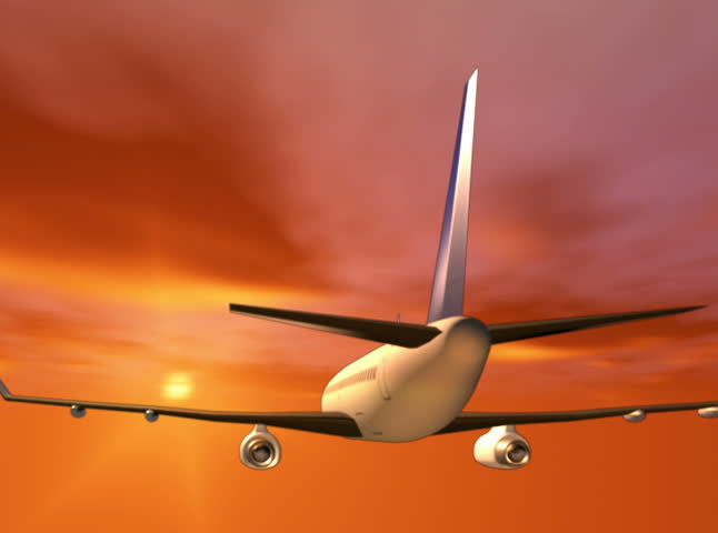 Airplane flying in sunset