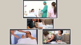 Montage of ill persons at home and at the hospital