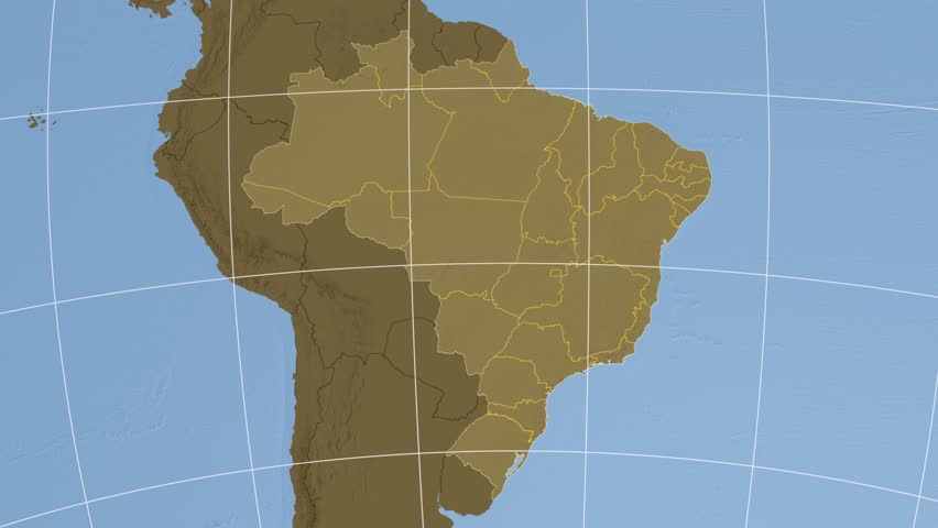 Goias region extruded on the elevation map of Brazil with administrative borders. Elevation data on solid colors used. Elements of this image furnished by NASA.
