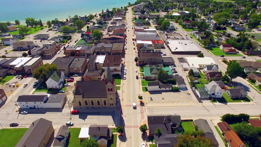 Aerial Flyover of Main Street, in Scenic Algoma Wisconsin on Lake Michigan.

