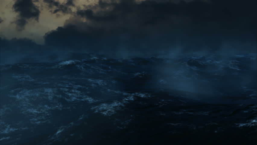 Rough waters and lightning create ominous atmosphere.   (3d animation)