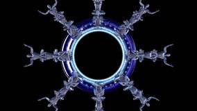 3D CYBORG CLONES CIRCLE MEDITATION ANIMATED FRAME. TRANSPARENT ALPHA CHANNEL. Ideal for spiritual futuristic documentary movies background, frame, transition, intro, TV shows, news, or cyborg projects