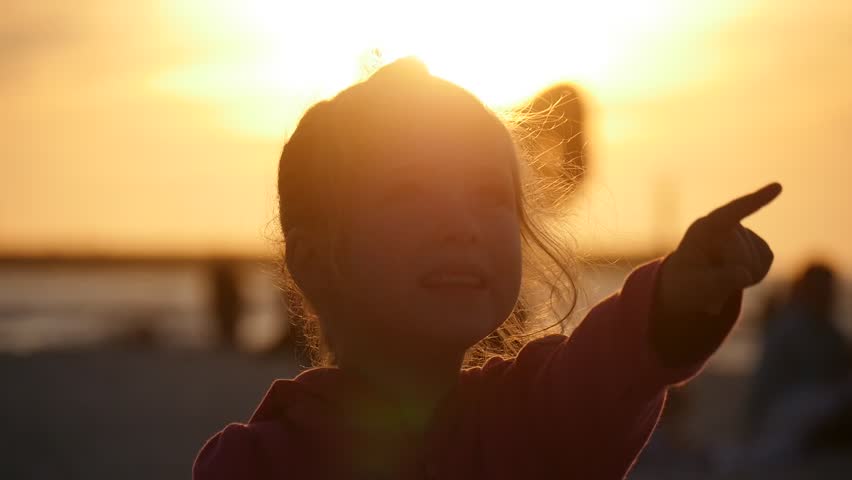 Little Girl Silhouette Points to Something Talking Smiling People Children Families are Walking Running at the Beach, Kids are Playing, People are Flying the Kites, International Kite Festival Leba Royalty-Free Stock Footage #11652716