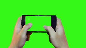 attractive hand gesture touching virtual smart phone on green screen