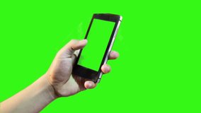 attractive hand gesture touching virtual smart phone on green screen