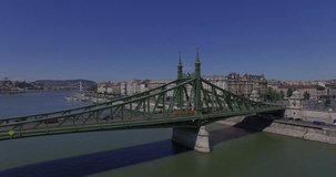 Aerial drone footage. Flying above Liberty Bridge on Danube river in Budapest city. You'll find different clips and different camera directions  movement. 4K.