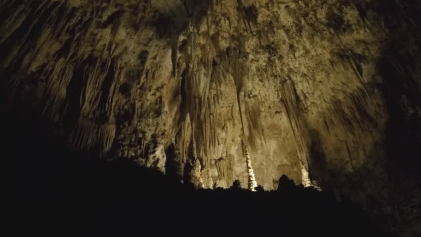 Clusters of stalactites hanging from a cave ceiling. An underground cave room is featured dimly lit for effect at Carlsbad Caverns New Mexico.