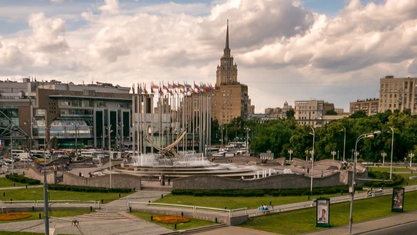 Kievsky Railway Station Square, fountain, zoom, pan 4k time lapse. Other camera movements, raw flat color, frame rates, formats, and resolutions are available upon request.