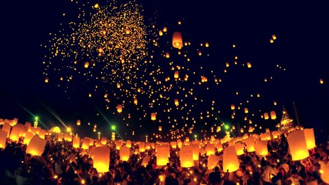 Landmark Floating lanterns in Yee Peng Festival, Loy Krathong celebration in Chiangmai, Thailand 