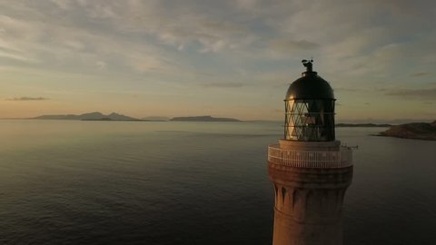 Stunning aerial shot of Ardnamurchan lighthouse on the coast of Scotland during a sunset