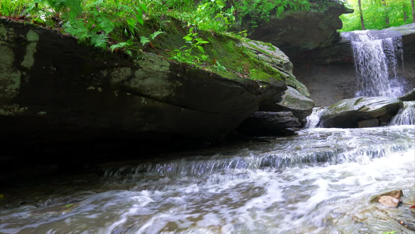 Water flowing down stream from a waterfall in the woods
