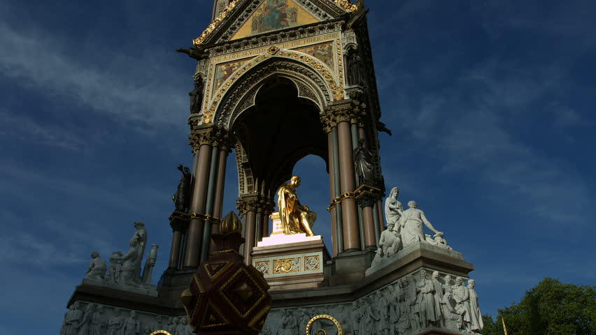 The Albert Memorial in London in 4K. The Albert Memorial in Hyde Park, Kensington, London. Recently renovated the brass figure of Queen Victoria