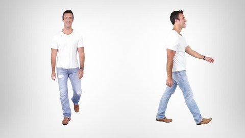 Casual young man walking over white background with alpha matte. Lateral and frontal view. More options in my portfolio.