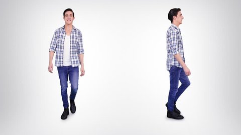 Young man walking in casual clothing over white background. Alpha matte. 2 in 1. Lateral and frontal view. More options in my portfolio.