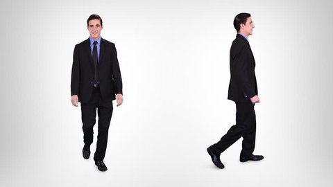 Young businessman walking over white background with alpha matte. 2 in 1. Lateral and frontal view. More options in my portfolio.