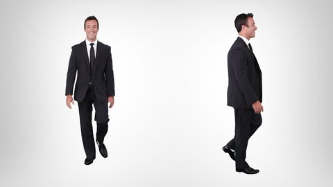 Businessman walking. Alpha matte. 2 in 1. Lateral and frontal view.