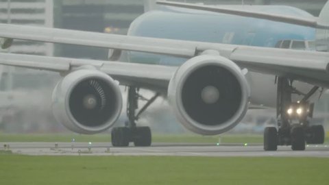 KLM commercial jet plane ready for takeoff at schiphol airport the netherlands. rear view