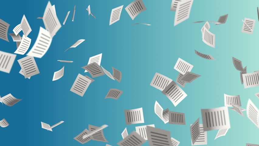 Animation flying paper documents with icon on cover. business movie or  movie about technology of computers and internet. animation of seamless  loop.