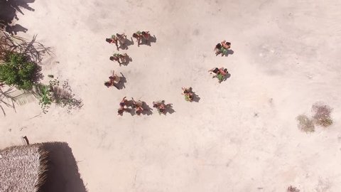 Aerial View of Indian tribe ritual in Amazon, Brazil