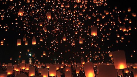 Floating lanterns in Yee Peng Festival, Loy Krathong celebration in Chiangmai, Thailand 