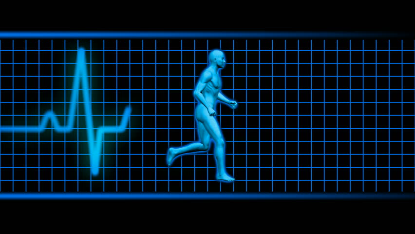 man running with ekg in background blue HD looping 1080i