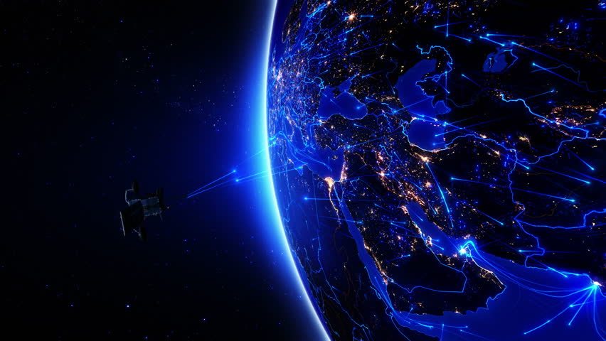 Satellite sending signals to Earth. Middle East. Animation of the Earth with bright connections and city lights. Aerial, maritime, ground routes and country borders. 2 shots in 1 file. Blue.