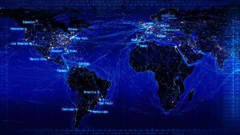 World map with connections and city lights. Loopable world map with major cities names and country borders. Aerial, maritime and ground routes. Blue. More color options in my portfolio.