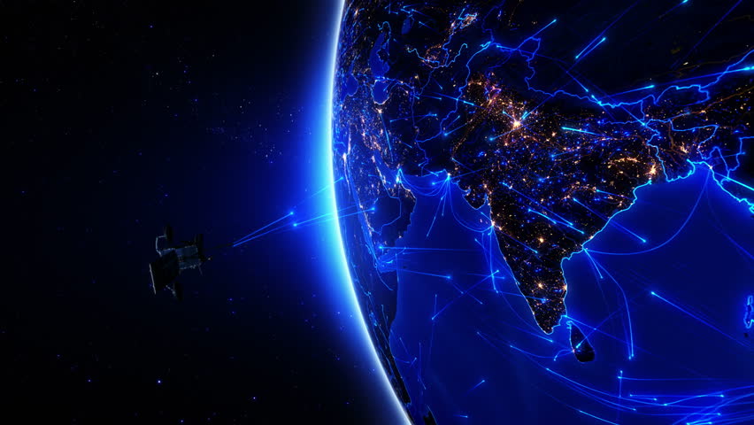 Satellite sending signals to Earth. India. Animation of the Earth with bright connections and city lights. Aerial, maritime, ground routes and country borders. Asia. 2 shots in 1 file. Blue.