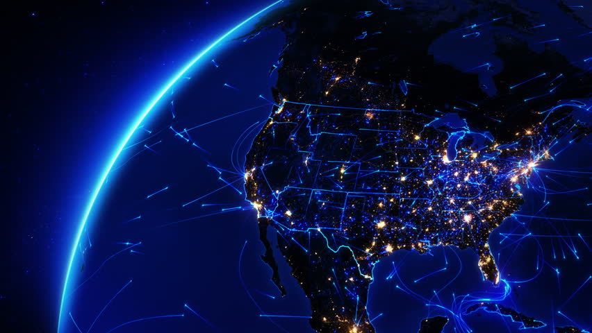 Earth bright connections and city lights. From the Unite States to Europe. Aerial, maritime, ground routes and country borders. Blue. Images courtesy of http://www.nasa.gov Royalty-Free Stock Footage #11728475