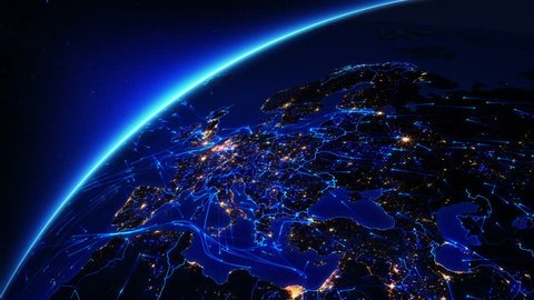 Bright connections moving around Earth. US and Europe with city lights. Aerial, maritime, ground routes and country borders. Blue. Images courtesy of http://www.nasa.gov.