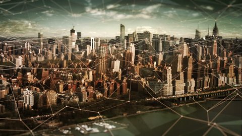 Aerial view of Manhattan Skyline with connections. Technology-Futuristic. Aerial shot of Midtown Manhattan at daylight. NYC Skyscrapers and The Central Park in the background.