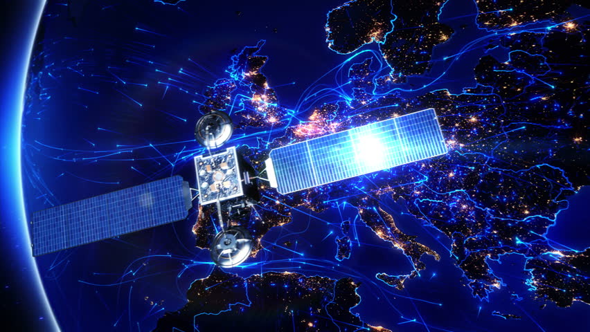 Satellite sending signals to Earth. Europe. Animation of the Earth with bright connections and city lights. Aerial, maritime, ground routes and country borders. 2 shots in 1 video. Blue.