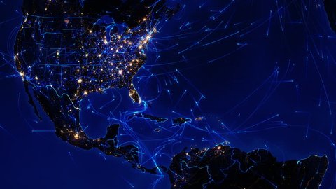 World connections. Central America. Aerial, maritime, ground routes and country borders. Animation of the Earth with bright connections and city lights. Locked. Blue. Images: http://www.nasa.gov.