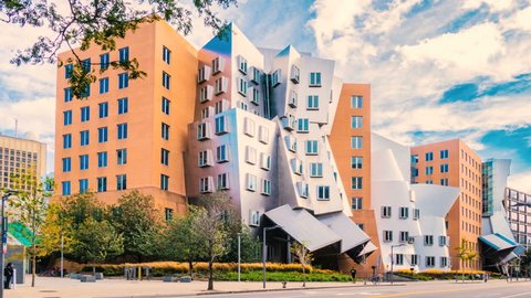 CAMBRIDGE, MA- SEPT 15, 2015: (Timelapse) MIT Massachusetts Institute of Technology college campus on September 15, 2015. MIT has modern architecture by Pritzker Prize-winning architect Frank Gehry. 