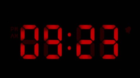Digital clock with 12 hours, you can choose any hour or minute. Black background. 1 frame per minute. Loopable. Red. More options in my portfolio.