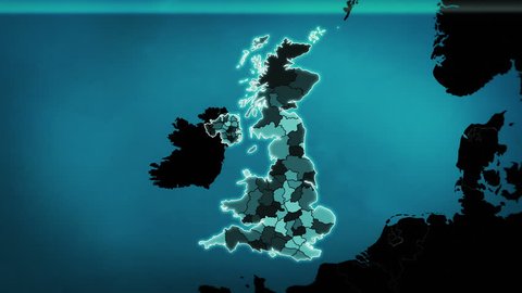 United Kingdom map with Administrative Units, Airports and Roads. Blue. This video is entirely loopable and also has 2 loopable sequences from frame 80 to 460 and from frame 461 to 804.