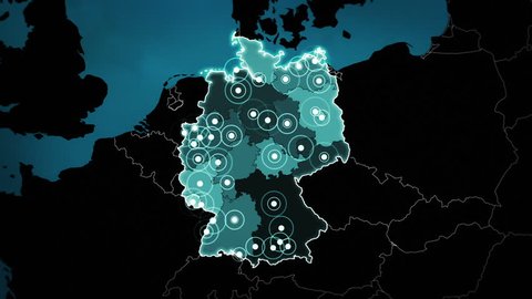 World map with German: Airports, Roads and Railroads. Blue. This video is entirely loopable and also has 2 loopable sequences from frame 80 to 460 and from 461 to 802.