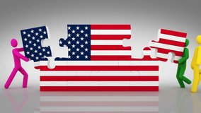 United States flag. White background. 2 videos in 1 file. 3D characters doing an American flag puzzle over white background. - Powered by Shutterstock - Get 15% off with code: PIKWIZARD15