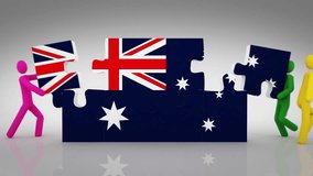 Australian flag puzzle. White background. 2 videos in 1 file. 3D characters doing an Australian flag puzzle over white background. - Powered by Shutterstock - Get 15% off with code: PIKWIZARD15