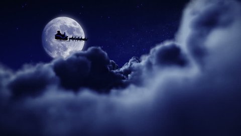 Santa flying over full moon. 2 videos in 1 file. Santa Claus and his reindeers flying in the sky. Holiday background.