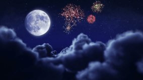 Santa flying with fireworks over full moon. 2 videos in 1 file. Santa Claus and his reindeers flying in the sky with fireworks.