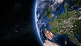 Europe. Highly detailed telecommunication satellite orbiting the Earth. 3 videos in 1 file.