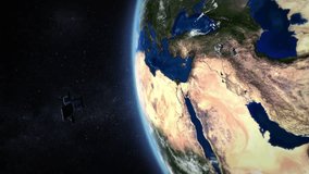 Middle East. Highly detailed telecommunication satellite orbiting the Earth. Satellite and Earth models based on images courtesy of: NASA http://www.nasa.gov. 2 videos in 1 file.