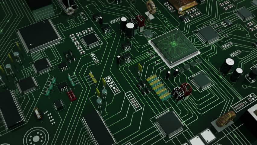 Flying over a futuristic circuit board with moving electrons ending on the CPU. Green. Technology background. This video is loopable from frame 588 to 851. More options in my portfolio. Royalty-Free Stock Footage #11748716